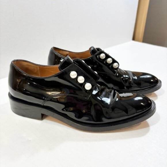 Givenchy Pearl Accent Derby Oxfords Size 38 Black Patent Leather Slip On Loafers - Picture 2 of 16